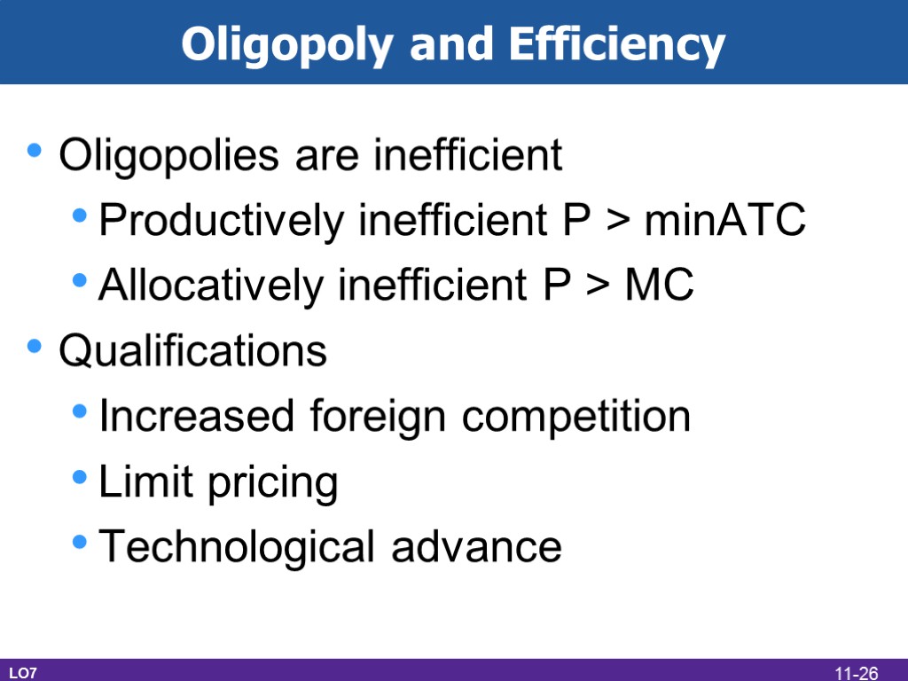 Oligopoly and Efficiency Oligopolies are inefficient Productively inefficient P > minATC Allocatively inefficient P